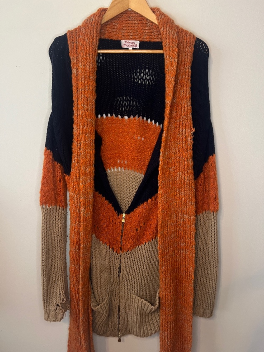 Vivienne Westwood Navy, Orange & Tan Knit Cardigan with Attached XL Scarf-Unisex
